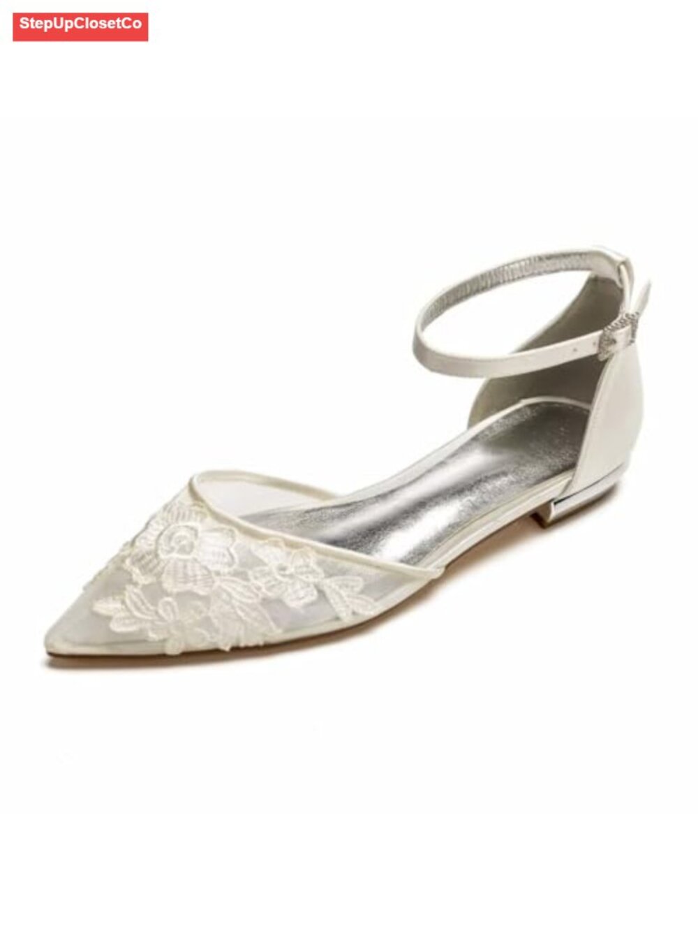 Mesh Appliques Wedding Flats Pointed Toe Tie Up Bridal Shoes